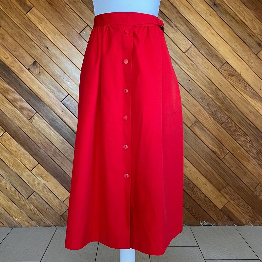 Vintage Red Button Front A-Line Midi Skirt